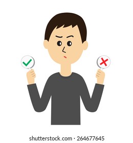 A confused young man with yes and no signs in his hands, vector illustration