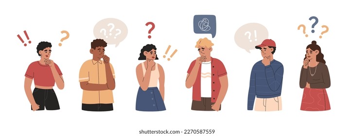 Confused young men and women stand in thoughtful poses. Puzzled people in doubts and questions. Hand drawn color vector illustration isolated on white background. Modern flat cartoon style.