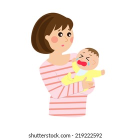 A Confused Young Mom With A Crying Baby, Vector Illustration