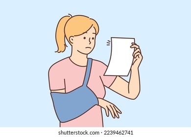 Confused young woman with broken arm in cast read paper from doctor. Frustrated girl with hand trauma look at therapist prescription. Vector illustration. 