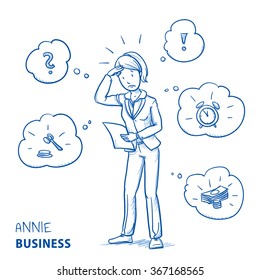 Confused young woman in business clothes holding a letter or document, looking concerned. Hand drawn line art cartoon vector illustration.