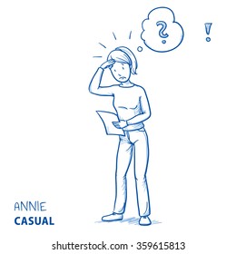 Confused young woman in casual clothes holding a letter or document, looking concerned. Hand drawn line art cartoon vector illustration.