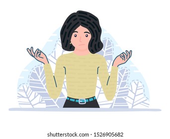 Confused young woman character. Puzzled, amazed girl in doubt making shrug expression and spread her hand. I do not know. Oops! Sorry! Concept vector illustration in cartoon flat style.