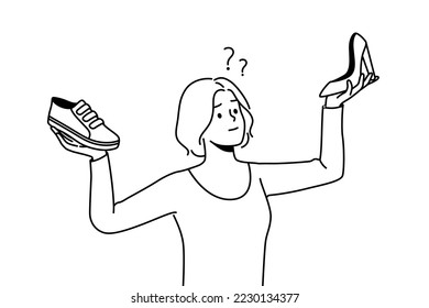 Confused young woman choosing between different shoes types. Frustrated girl make choice between sneakers and heels. Fashion and style. Vector illustration. 