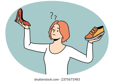 Confused young woman choosing between different shoes types. Frustrated girl make choice between sneakers and heels. Fashion and style. Vector illustration.