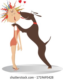 Confused young woman and a dog illustration. Funny dog licks his confused master woman isolated on white
