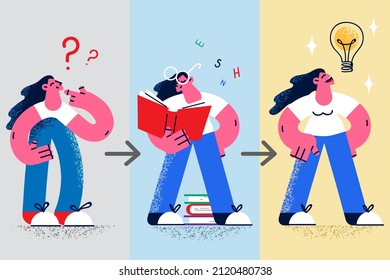 Confused young woman feel frustrated, red book and get problem solution. Motivated girl involved in process of self-education learning and studying solving troubles. Vector illustration. 