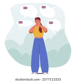 Confused young woman having troubles with understanding English feeling strong language barrier vector illustration. Worried stressed teenage girl covering mouth can not speaking and leading dialogue