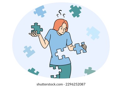 Confused young woman with jigsaw puzzles rebuild personality or identity. Frustrated unhappy girl recover from depression or mental psychological problems. Rehabilitation. Vector illustration.