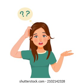 Confused young woman scratching her head having no idea, clueless, don’t know, puzzled and doubt about the questions raising her hand