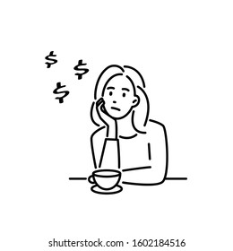 Confused young woman is sitting at table thinking about money. Hand drawn cartoon character vector illustration isolated on white background.