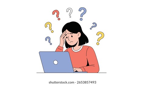 Confusa jovem mulher lutando com tarefas online e sentindo-se sobrecarregada por perguntas difíceis aparecendo em torno de sua ilustração cabeça
