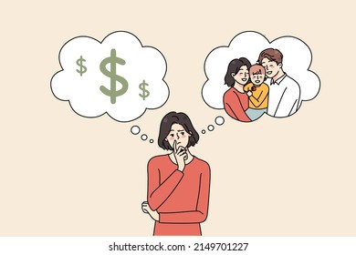 Confused young woman think of life plan, make choice between money and motherhood. Frustrated female choose between career and family. Flat vector illustration, cartoon character. 