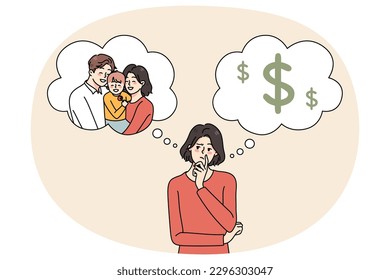 Confused young woman think of life plan, make choice between money and motherhood. Frustrated female choose between career and family. Flat vector illustration, cartoon character.