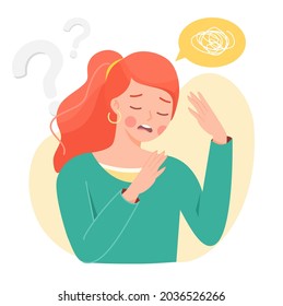 Confused young woman thinking and asking question with question marks. Girl in doubt, do not understand and be worried. Female character misunderstanding and need help. Flat vector illustration.