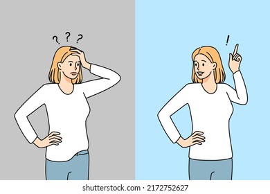 Confused young woman thinking and solving problem. Frustrated girl brainstorm and find solution. Dilemma and decision. Vector illustration. 