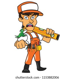 Confused young worker with label instrument in hand cap on head bird sitting on his arm