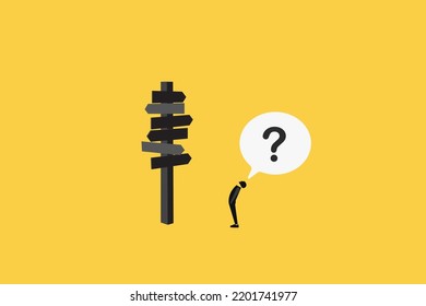 confusing businessman looking at multiple road sign with question mark and thinking which way to go. Business decision making, career path, work direction or choose the right way to success concept.