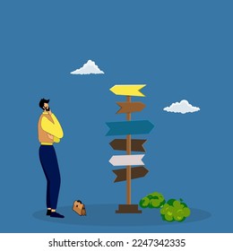 confusing businessman looking at multiple road sign , business decision concept  way of working.