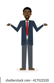 Confusing businessman on white background. Isolated character. African american businessman shrugging shoulders. Uncertain, unsure and worry. Thinking about answer.