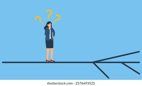 Confusing businesswoman looking at multiple path and thinking about where to go. A businesswoman makes business decisions, career paths, work directions or chooses the right way to success.