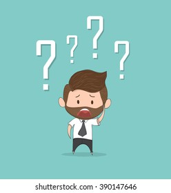 Confusing cute business man with question marks above his head