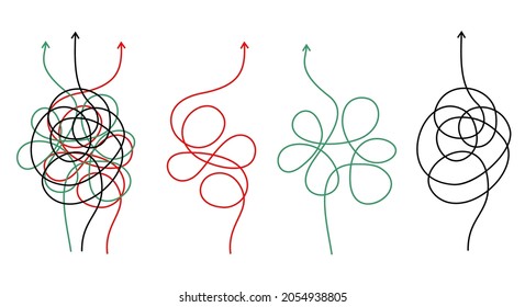 Confusing difficult arrows. Tangle scribbles with arrow, simple lines knot designs, chaos tangled drawing wires. Messy scribble threads isolated on white. Challenge. Vector illustration. 