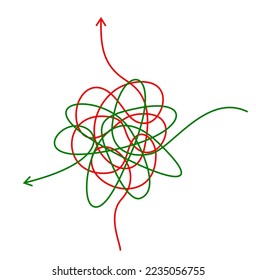 Confusing difficult arrows. Tangle scribbles with arrow, simple lines knot designs, chaos tangled drawing wires. Messy scribble threads isolated on white. Challenge. Vector illustration. 