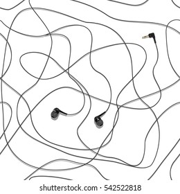Confusing headphones lie on the table with the entrance. Line style technology. Vector illustration, EPS 10
