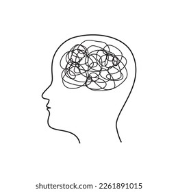 confusing human thoughts, psychology, black silhouette icon, isolated vector illustration in doodle style