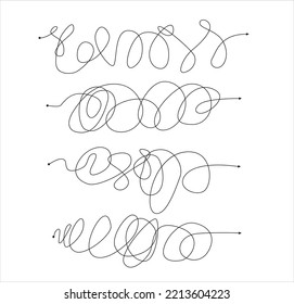 
Confusing path lines vector illustration set. Children's game. Starting point Hand drawn doodle. Messy arrow lines.