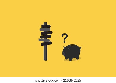 confusing piggy bank looking at multiple road sign with question mark and thinking which way to go. Business decision making, career path, work direction or choose the right way to success concept.