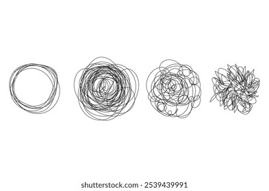 confusing thoughts Chaotically tangled line and untied knot in form of circle. Psychotherapy concept of solving problems is easy. Unravels chaos and mess difficult situation. Doodle Vector 