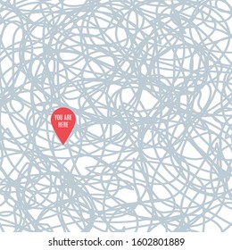 Confusing vector line illustrating the way of difficult problem solusion with the pin You are here.