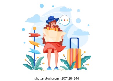 Mujer confusa mirando al mapa Concepto de Ilustración. Ilustración plana aislada en fondo blanco.