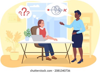 Confusing work strategy 2D vector isolated illustration. Poor management skills of executive in office. Frustrated coworkers flat characters on cartoon background. Workplace challenges colourful scene