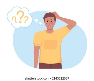 Confusion 2D vector isolated illustration. Questioning and pensive flat character on cartoon background. Uncertain guy scratching head colourful scene for mobile, website, presentation
