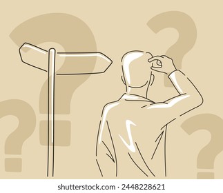 Confusión antes de elección importante - encrucijada y hombre en la línea delgada - decisión correcta de elegir. Ilustración vectorial para concepto de negocio o voto político