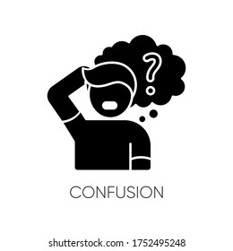 Confusion Black Glyph Icon. Thinking Of Question. Man In Doubt. Frustrated Facial Expression. Psychological Problem. Puzzled Person. Silhouette Symbol On White Space. Vector Isolated Illustration