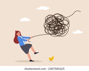 Confusion or business trouble concept. Unravel tangle problem, solving difficult knot chaos or messy issue, complicated or complex problem difficulty, businesswoman manager unravel tangled rope.