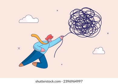 Confusion or business trouble concept. Unravel tangle problem, solving difficult knot chaos or messy issue, complicated or complex problem difficulty, businessman manager unravel tangled rope.