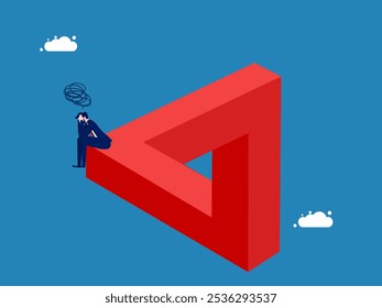 Confusion. Businessman sitting stressed on Penrose triangle