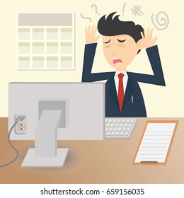 confusion businessman at work wit computer cartoon vector illustration