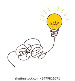 Confusion clarity or path concept idea with lightbulbs. Journey of tangled wires leading to a bright bulb. Business solutions searching. Vector illustration.