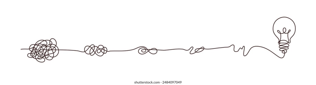 Confusion clarity or path concept idea with lightbulbs. Journey of tangled wires leading to a bright bulb. Business solutions searching. Vector illustration.