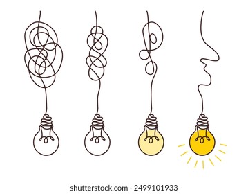 Confusion clarity or path concept idea with lightbulbs. Journey of tangled wires leading to a bright bulb. Business solutions searching. Vector illustration.
