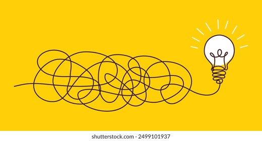Confusión de claridad o idea de concepto de camino con bombillas. Viaje de alambres enredados que conducen a una bombilla brillante. Búsqueda de soluciones empresariales. Ilustración vectorial.