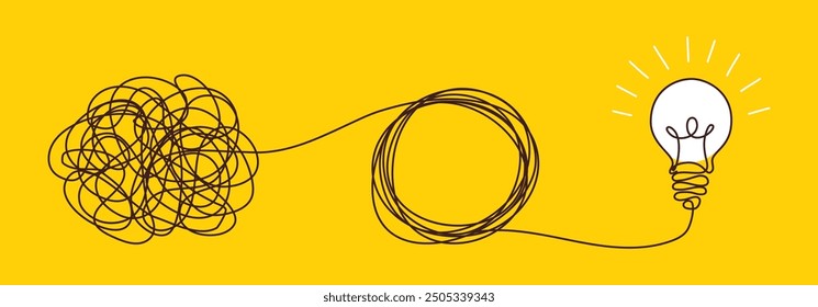 Confusion clarity or path concept idea with lightbulbs. Journey of tangled wires leading to a bright bulb. Business solutions searching. Vector illustration.