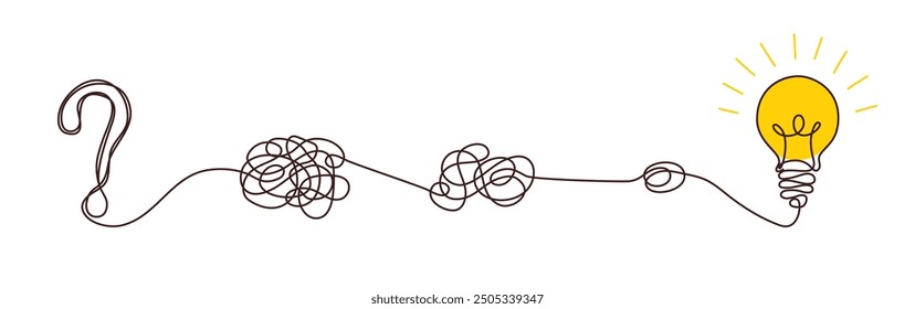 Confusion clarity or path concept idea with lightbulbs. Journey of tangled wires leading to a bright bulb. Business solutions searching. Vector illustration.