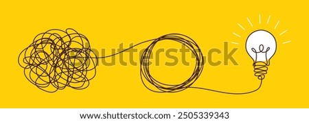 Confusion clarity or path concept idea with lightbulbs. Journey of tangled wires leading to a bright bulb. Business solutions searching. Vector illustration.